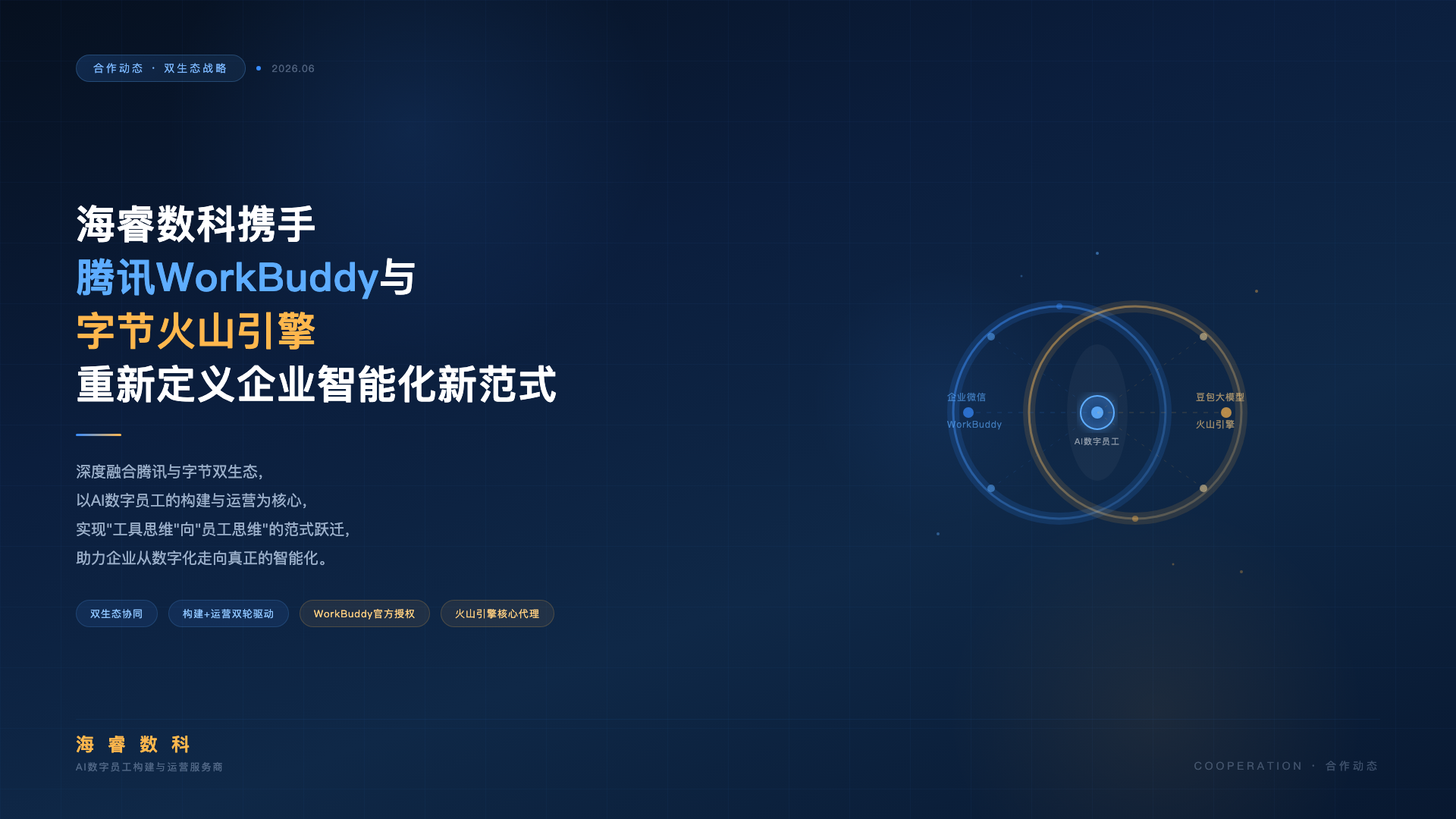 海睿数科携手腾讯WorkBuddy与字节火山引擎,以AI数字员工的构建与运营重新定义企业智能化新范式